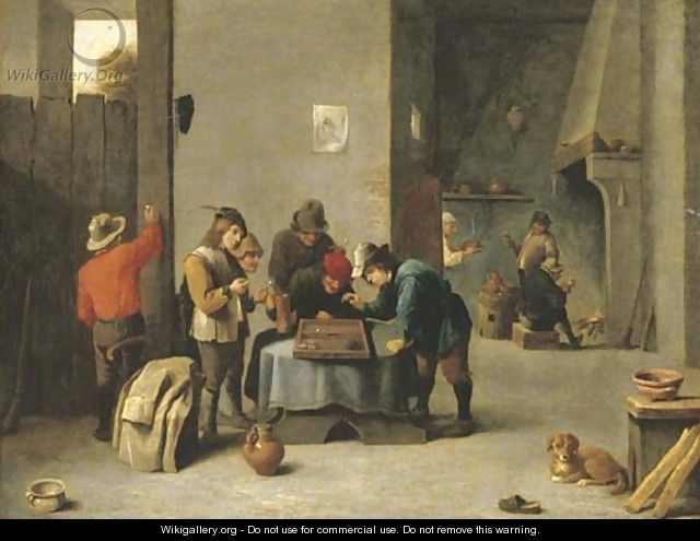 Peasants playing backgammon in an interior - (after) David The Younger Teniers