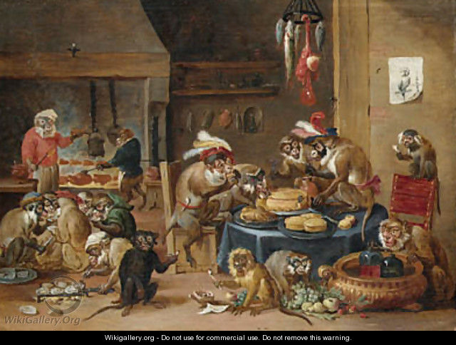 Monkeys preparing food in a kitchen - (after) David The Younger Teniers