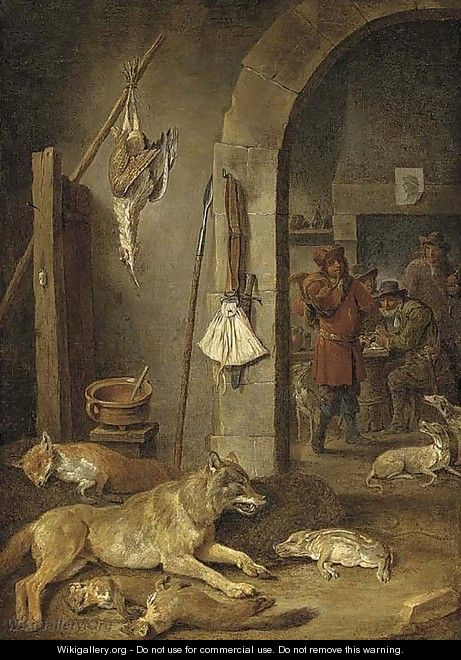 Huntsmen after the chase in an interior, with a hunting still life in the foreground - (after) David The Younger Teniers