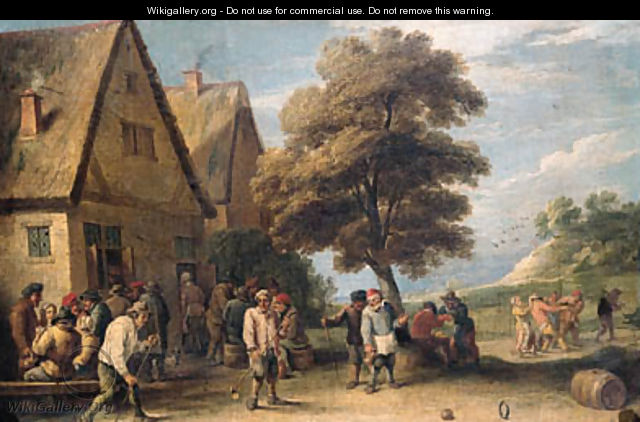 Boors playing ringball by an inn in a landscape - (after) David The Younger Teniers