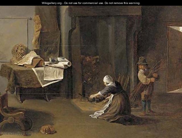 A young man and a woman lighting a fire in a study - (after) David The Younger Teniers