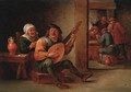 A boor playing a lute in an interior with a woman drinking at his side, peasants playing cards beyond - (after) David The Younger Teniers