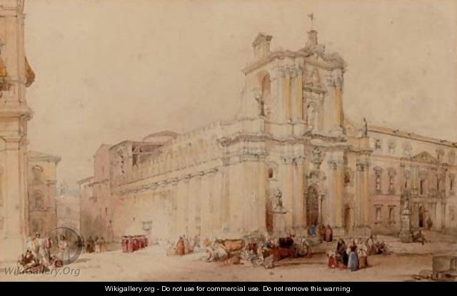 Cardinals and other figures in an Italianate square - (after) David Roberts