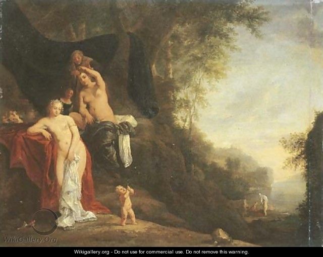 A wooded landscape with nymphs resting and a putto blowing bubbles, nymphs bathing beyond - (after) Daniel Vertangen