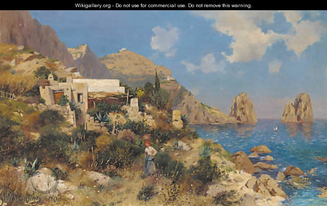 A lady by a coastline cottage in Capri - (after) August Lovatti