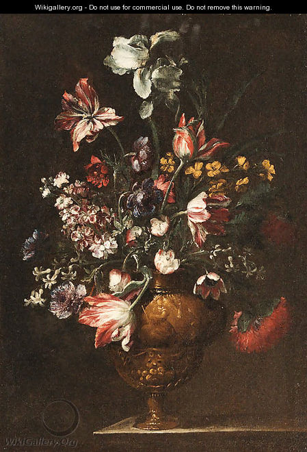 Tulips, Roses, Carnations and other Flowers in bronze Vases on stone Ledges - (after) Bartolome Perez