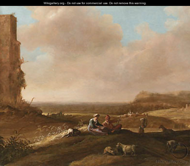 A Shepherd and Shepherdess with a Dog and Sheep in an extensive Landscape - (after) Bartholomeus Breenbergh