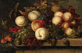 Grapes, peaches, redcurrants, cherries, an apple and a dragonfly on a ledge - (after) Bartholomeus Assteyn