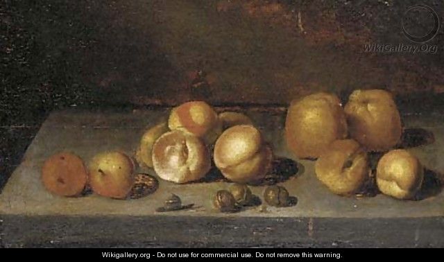 Apples, peaches, walnuts and a snail on a stone ledge - (after) Bartholomeus Assteyn