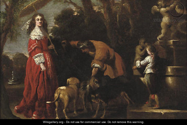 An elegantly dressed lady and her son in a parklandscape near a fountain, a male servant attending her dogs nearby - (after) Barent Graat