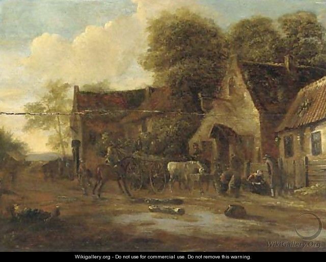 A village landscape with travellers and a wagon by an inn - (after) Barent Gael
