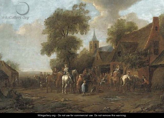 A village fair with travellers outside an inn - (after) Barent Gael