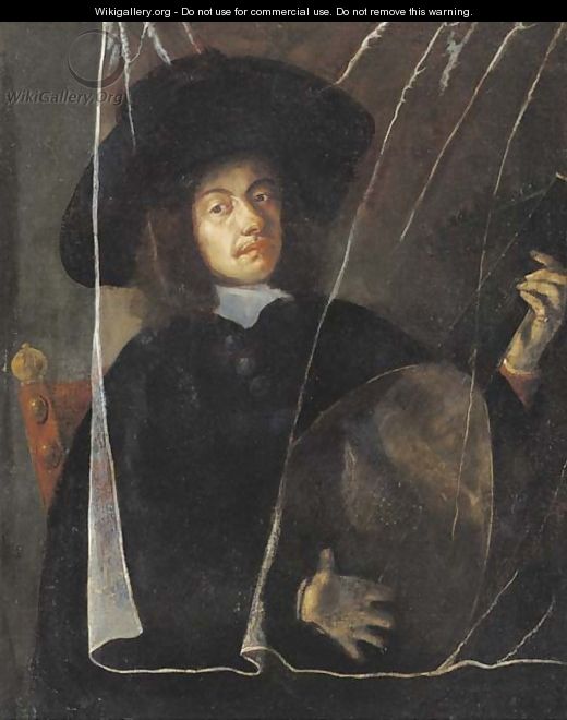 A man playing a lute behind a trompe l