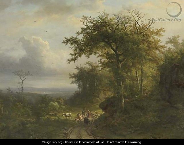 Peasants on a wooded path, a valley beyond; and peasants entering a chapel in a wooded valley - (after) Barend Cornelis Koekkoek