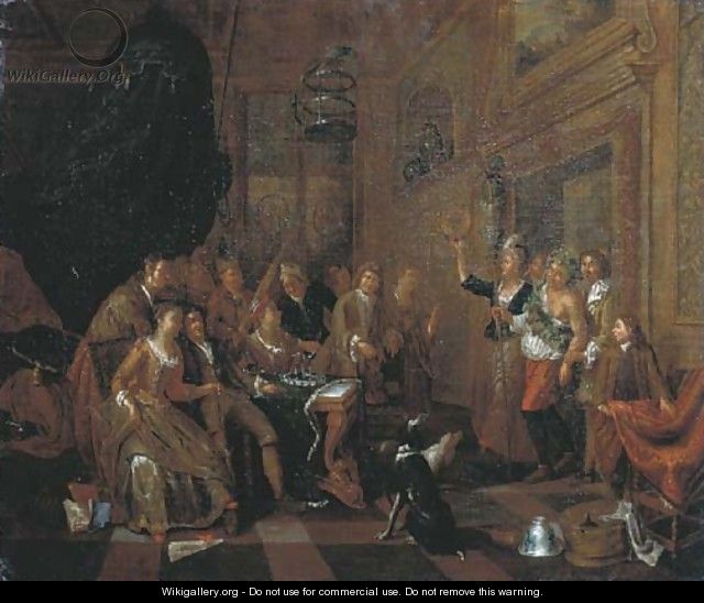 Elegant company feasting in an interior, a man dressed as Bacchus entering the room - (after) Balthasar Van Den Bossche