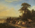 Shepherds leading their flock on a path in a mountainous landscape - (after) Balthasar Paul Ommeganck