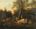 Cattle, goats and sheep by birches in a wooded landscape - (after) Balthasar Paul Ommeganck