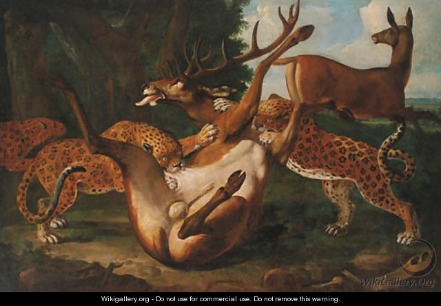 Leopards attacking deer in a landscape - (after) Carl Borromaus Andreas Ruthart