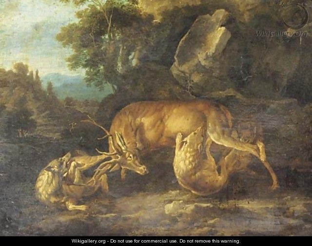 Two wolves attacking a stag in a wooded clearing - (after) Carl Borromaus Andreas Ruthart