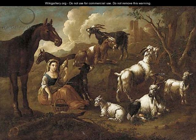A shepherdess spinning wool with goats, horses and a dog nearby - (after) Cajetan Roos
