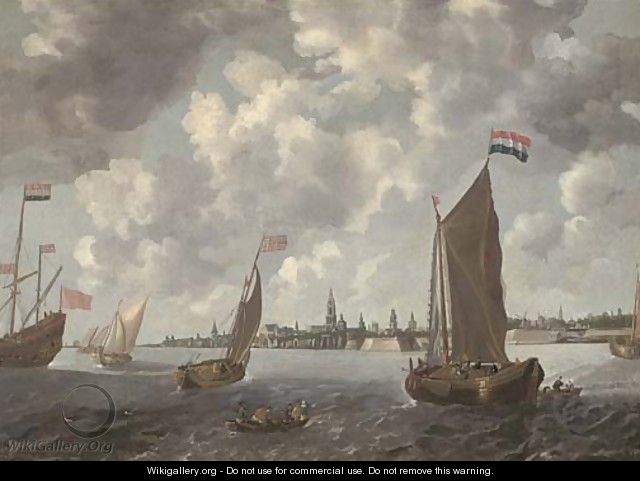 Frigates, smalschips and other shipping in choppy waters in an estuary - (after) Bonaventura Peeters