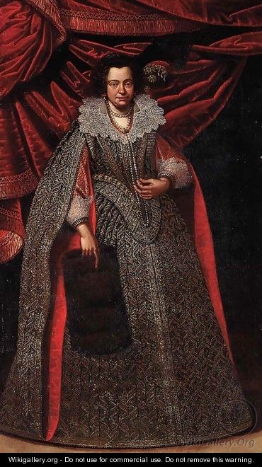 Portrait of a lady, full-length, in a gold and silver embroidered dress and with a plumed headdress, before a red curtain - (after) Carlo Ceresa