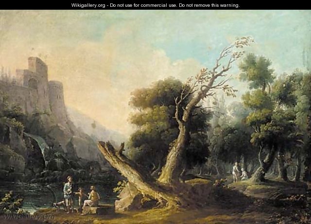 A river landscape with peasants conversing in the foreground, a hilltop castle beyond - (after) Carlo Bonavia