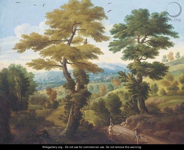 A wooded landscape with travellers on a path - (after) Carlo Antonio Tavella, Il Solfarola