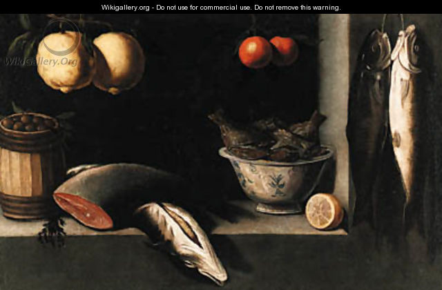Lemons, oranges, a barrel of olives, salmon and a bowl of fish in a niche - (after) Alejandro De Loarte