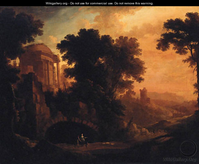 An Italianate landscape with herders on a track by a ruined temple at dusk - (after) Albert Meyeringh