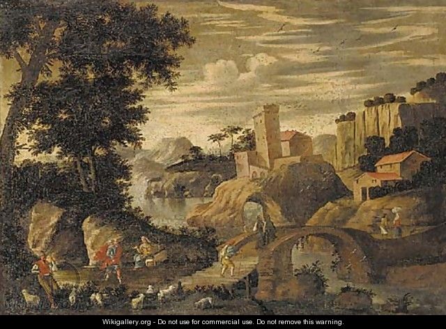 A mountainous river landscape with a shepherd and other figures, a fortress and a house beyond - (after) Agostino Tassi