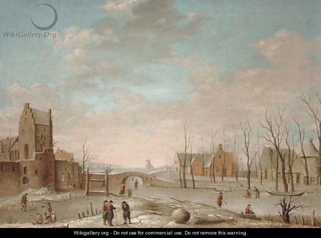A winter landscape with figures playing kolf on a frozen river, a windmill and walled town beyond - (after) Aert Van Der Neer