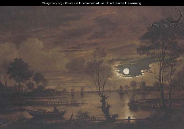 A moonlit river landscape with fisherman - (after) Aert Van Der Neer