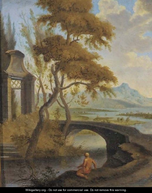 An extensive river landscape with a bather by a bridge - (after) Aelbert Meyeringh