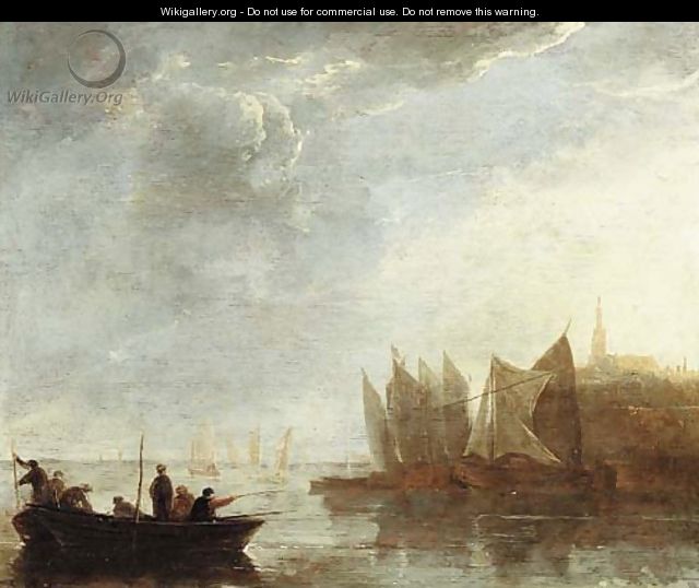Fishermen on the river Scheldt, a view of Dordrecht beyond - (after) Aelbert Cuyp
