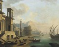 A capriccio of a Mediterranean harbour with stevedore's unloading wine - (after) Adrien Manglard