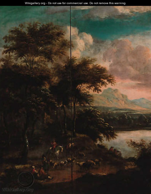 A wooded river landscape with drovers on a track with sheep and fishermen sitting on a bank, a mountainous landscape beyond - (after) Adrian Van Diest