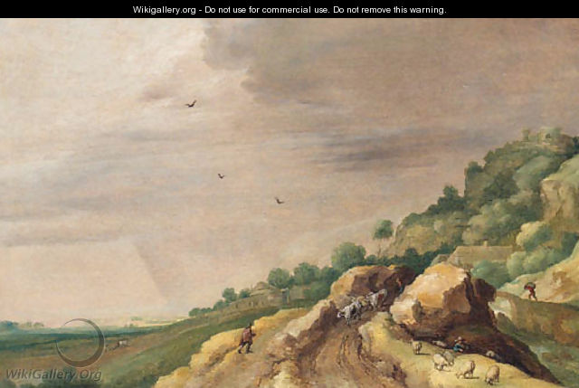 An extensive landscape with drovers on a rocky path by a river - (after) Adriaan Van Stalbemt