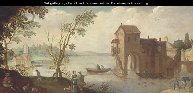 A wooded river landscape with a boathouse and fishermen - (after) Adriaan Van Stalbemt