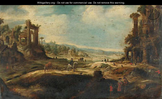 An extensive landscape with travellers by ruins - (after) Adriaen Van Nieulandt