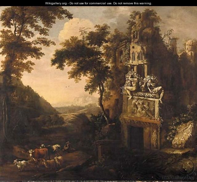 An Italianate landscape with a drover and his herd amongst ruins - (after) Adriaen Van Diest