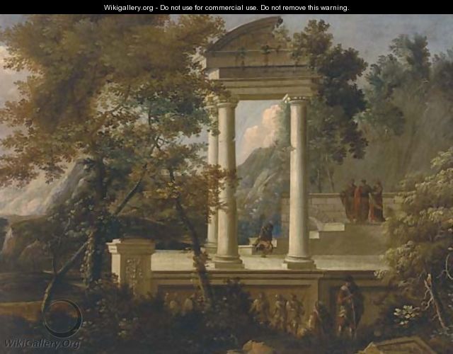 An extensive mountainous wooded landscape with figures conversing amongst classical ruins - (after) Adriaen Van Diest