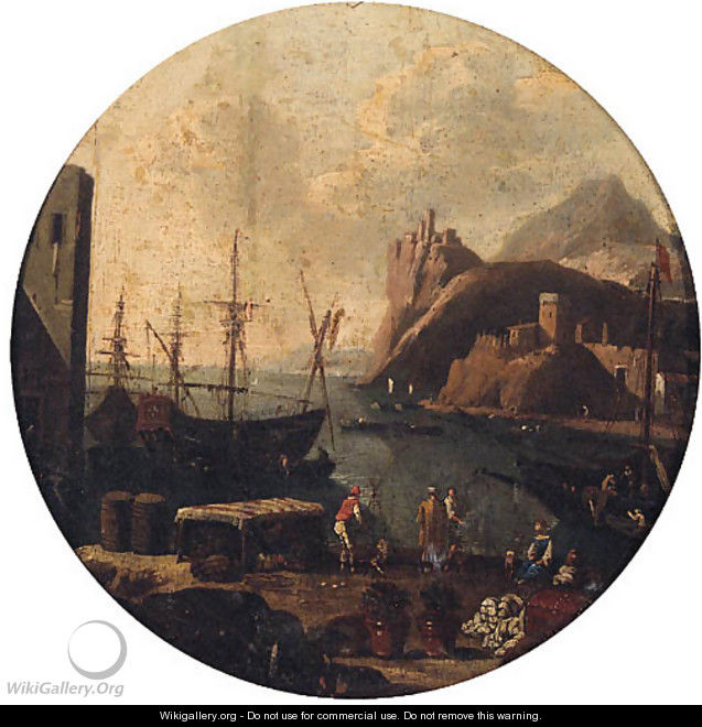 A Mediterranean port with figures on a quay, a clifftop fort beyond - (after) Adriaen Van Der Cabel