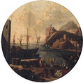 A Mediterranean port with figures on a quay, a clifftop fort beyond - (after) Adriaen Van Der Cabel