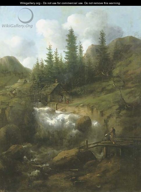 A rocky Nordic landscape with a waterfall and wooden barns, two figures on a bridge in the foreground - (after) Allart Van Everdingen