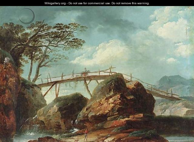 A river landscape with figures on a bridge - (after) Allaert Van Everdingen