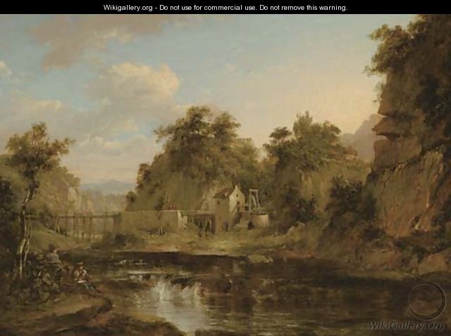 A river landscape with a watermill and an aquaduct, an artist sketching in the foreground - (after) Alexander Nasmyth