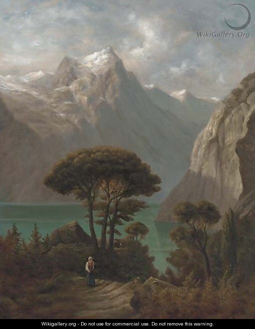 A figure on a beaten track by a lake, with mountains beyond - (after) Alexander Calame