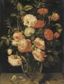 Red, pink and white roses in a glass vase with a butterfly on a ledge - (after) Alexander Adriaenssen