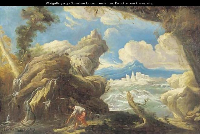 A rocky landscape with a fisherman by a waterfall, a lake and town beyond - (after) Alessandro Magnasco